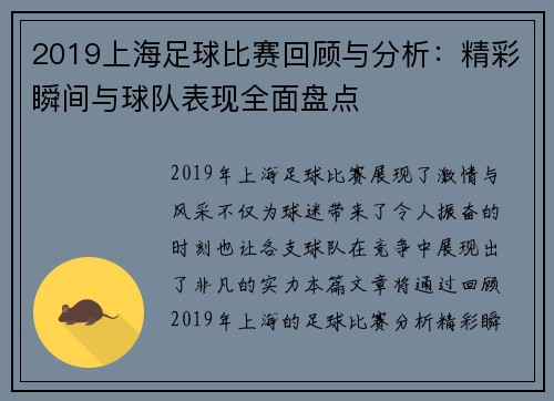 2019上海足球比赛回顾与分析：精彩瞬间与球队表现全面盘点