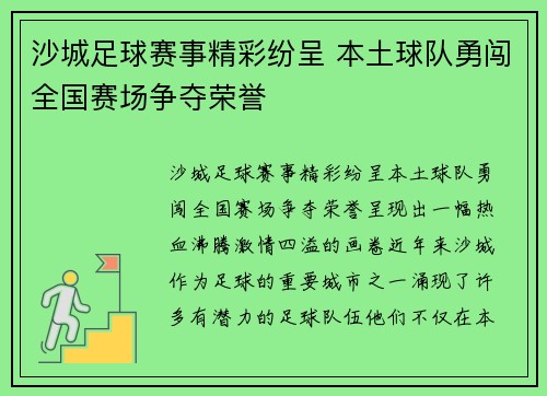 沙城足球赛事精彩纷呈 本土球队勇闯全国赛场争夺荣誉